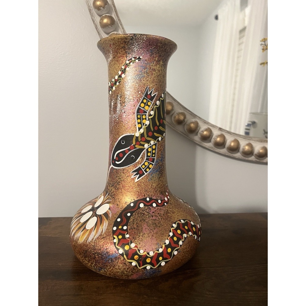 Vintage Australian Aboriginal Style Snake‎ Lizard Vase Hand Painted Boho Decor